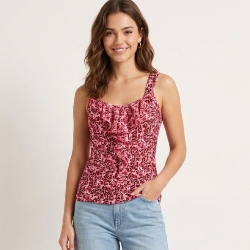 WHBM Vintage Y2K Pink Red Rose Floral Print Ruffle Front Cami Coquette SZ M